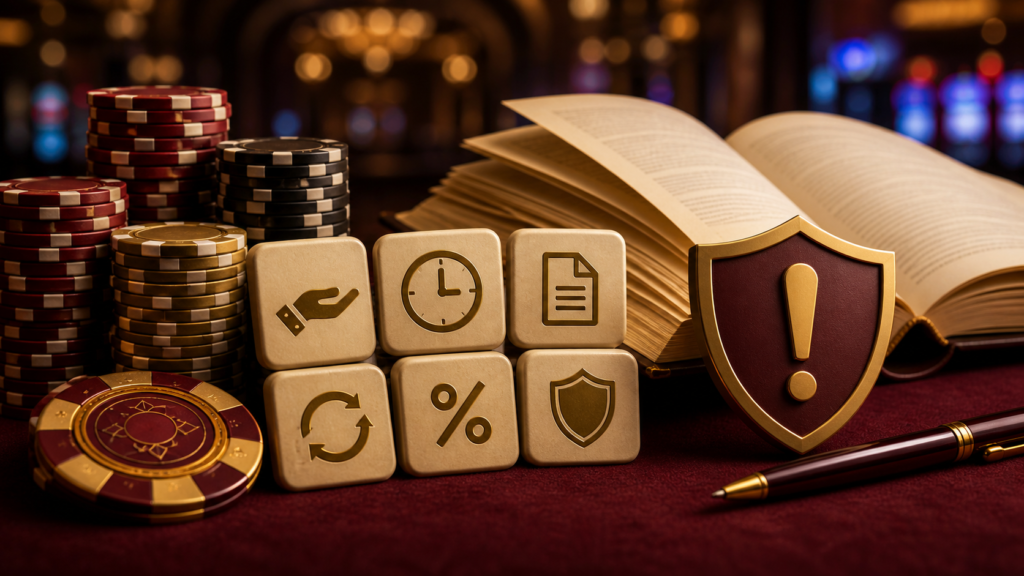 Casino credit symbols beside an open guidebook and warning shield