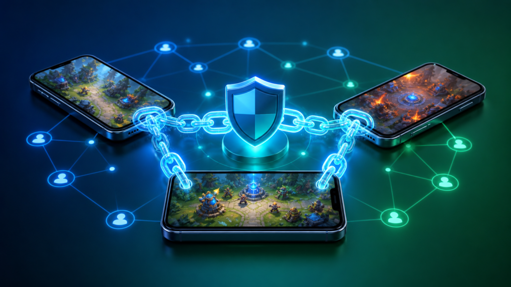 Mobile gaming community connected through secure links and a central shield