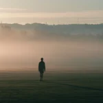 Lone footballer walking across a misty pitch at sunrise - aesthetic football bio for Instagram