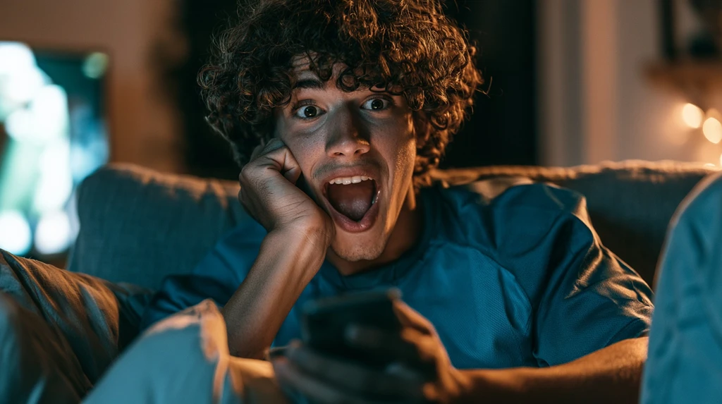Excited cricket fan watching a match on his phone - cricket bio for Instagram with emoji