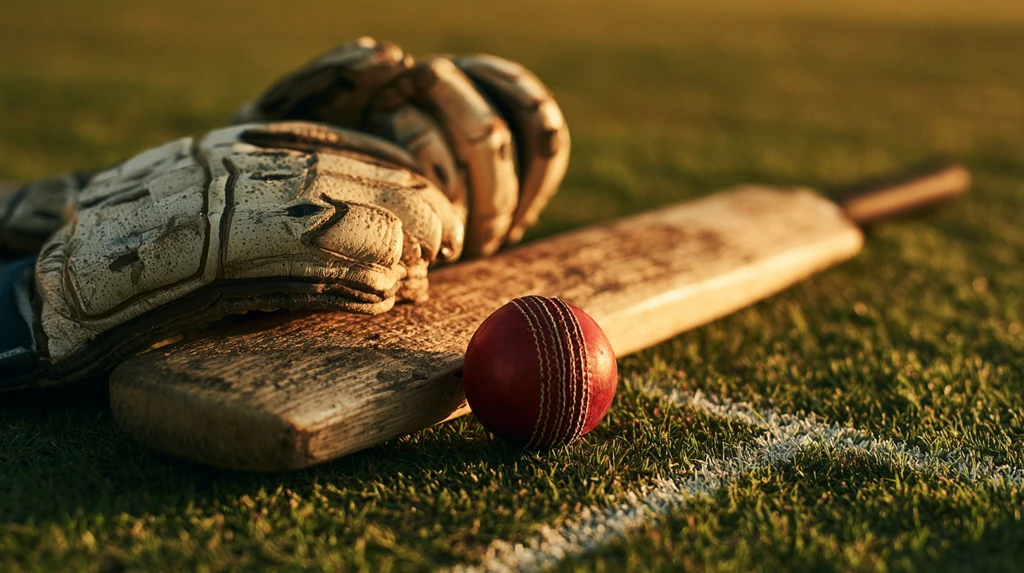 Cricket bat ball and gloves on green grass - cricket bio for Instagram in English