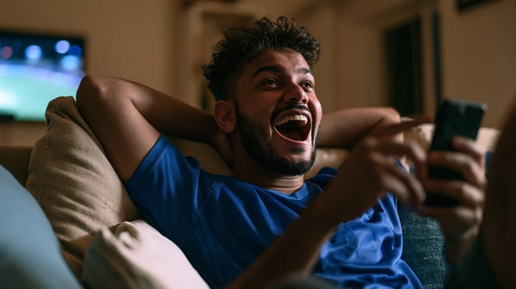 Cricket fan in a blue jersey reacting to a match - cricket fan bio for Instagram