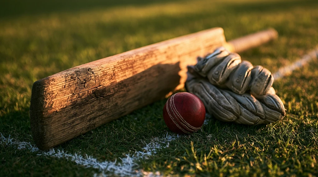 Cricket bat ball and gloves resting on green grass - cricket lover bio ideas