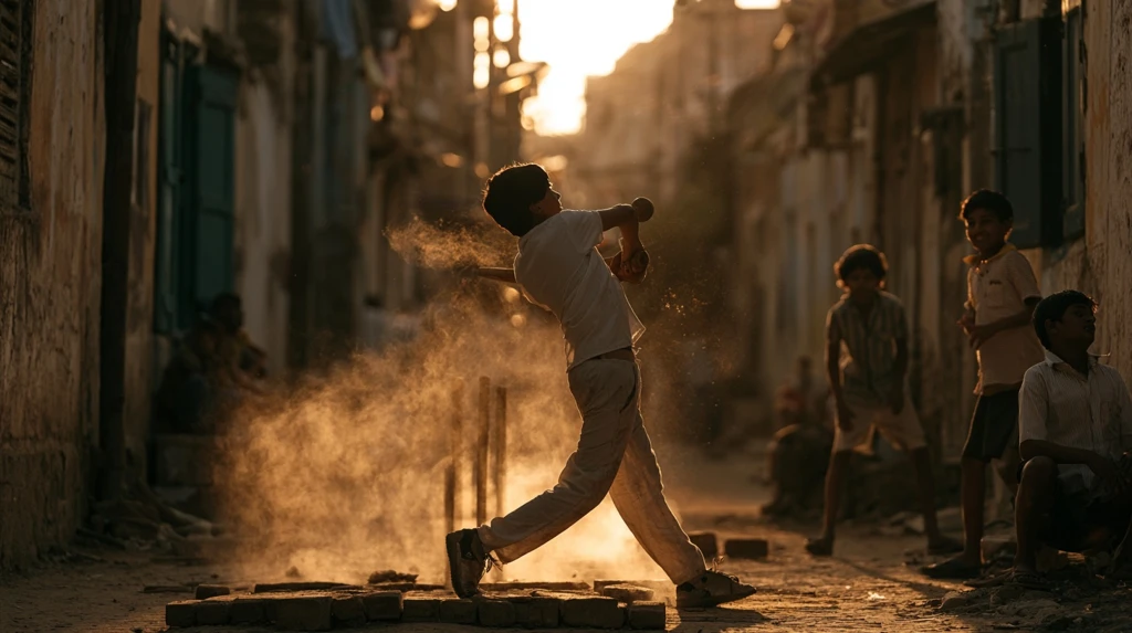 Boys playing street cricket at golden hour - cricket bio for Instagram