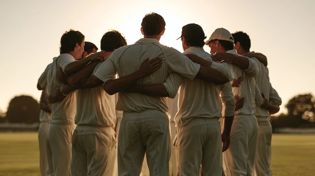 Cricket team huddle before a match - cricket bio ideas for players