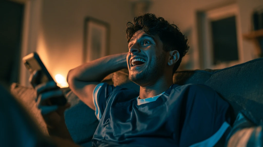 Young cricket fan in a blue jersey holding a smartphone - cricket lover bio for Instagram