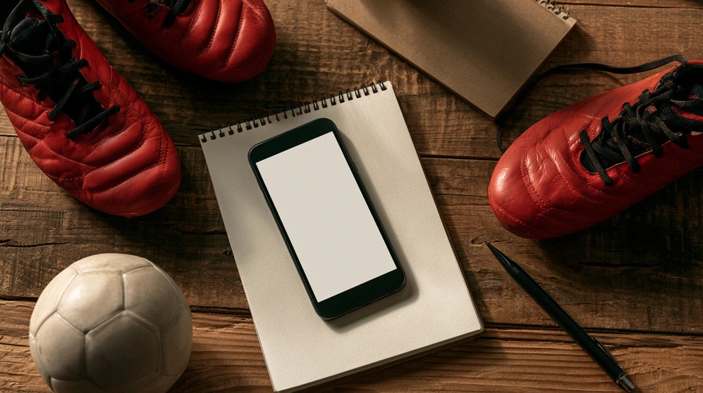 Smartphone notebook and football boots on a wooden table - writing a football Instagram bio