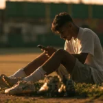 Young footballer sitting on the pitch with a smartphone - football bio for Instagram