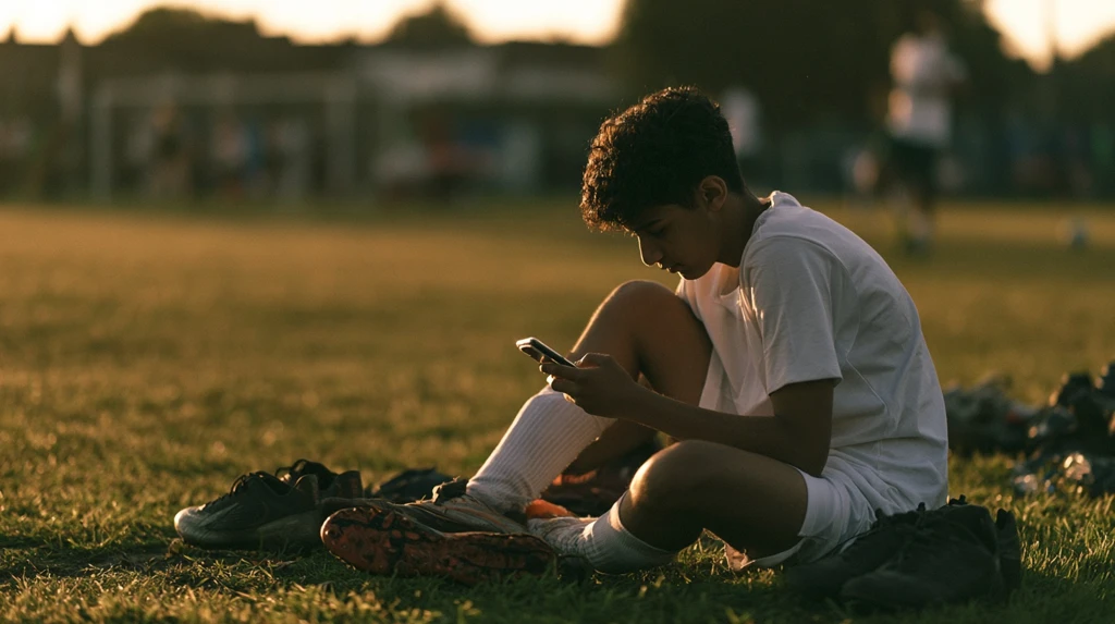 Young footballer with a smartphone beside the pitch - football player bio for Instagram